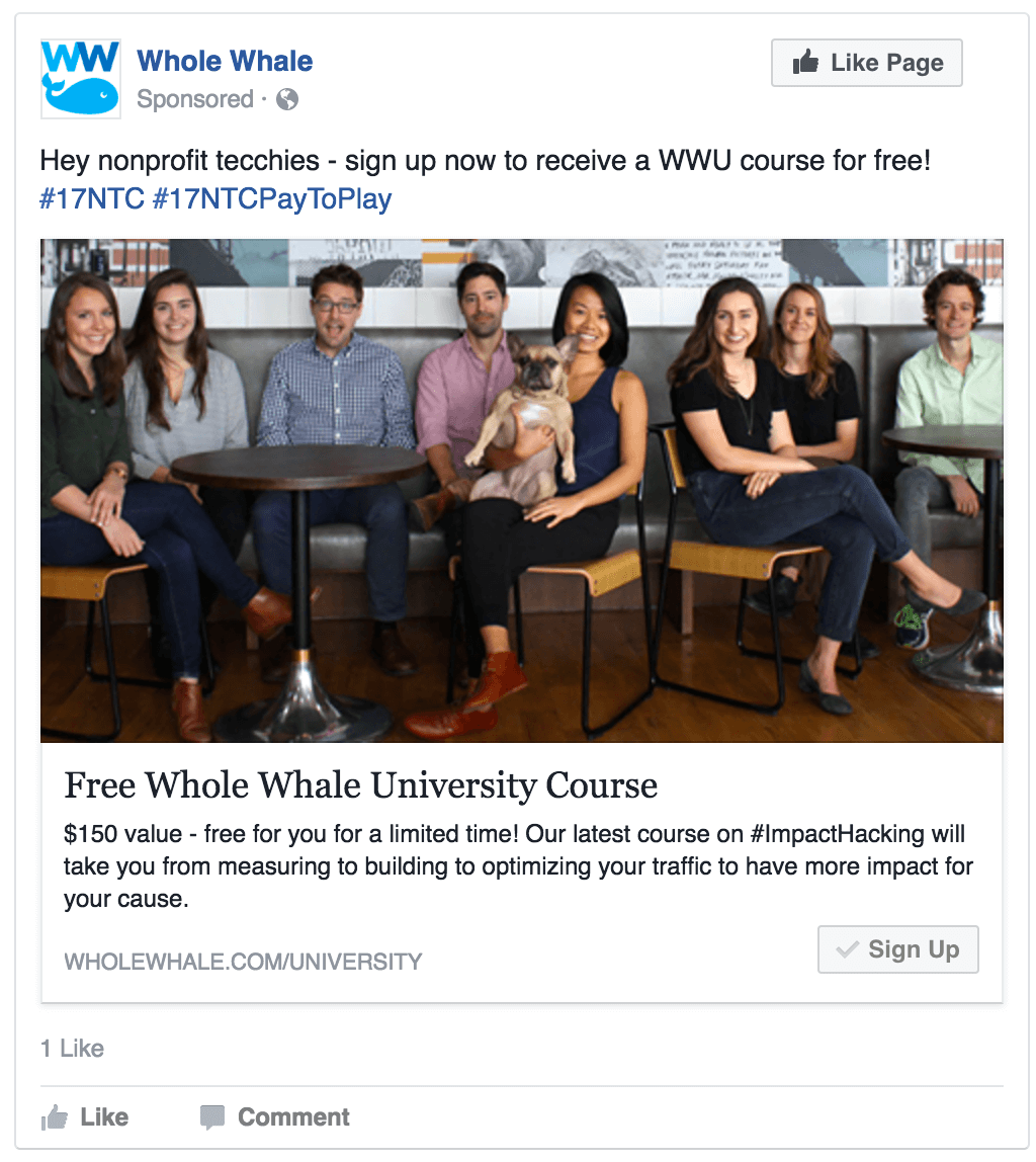 Facebook conversion ad featuring Whole Whale staff
