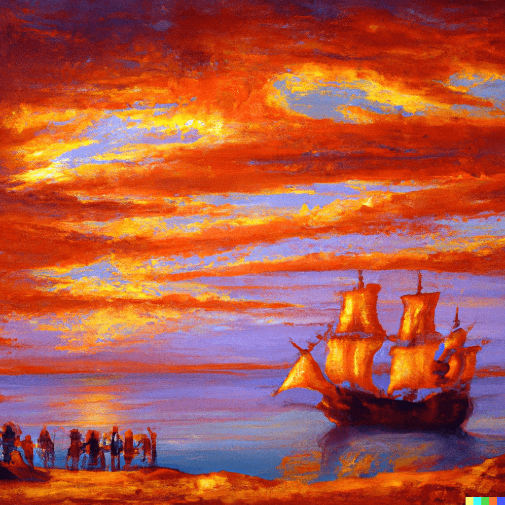 DALL·E 2022-10-03 13.05.21 - people on a tropical island watching an old spanish gallion sailing toward them under a red sky, oil painted in realism style