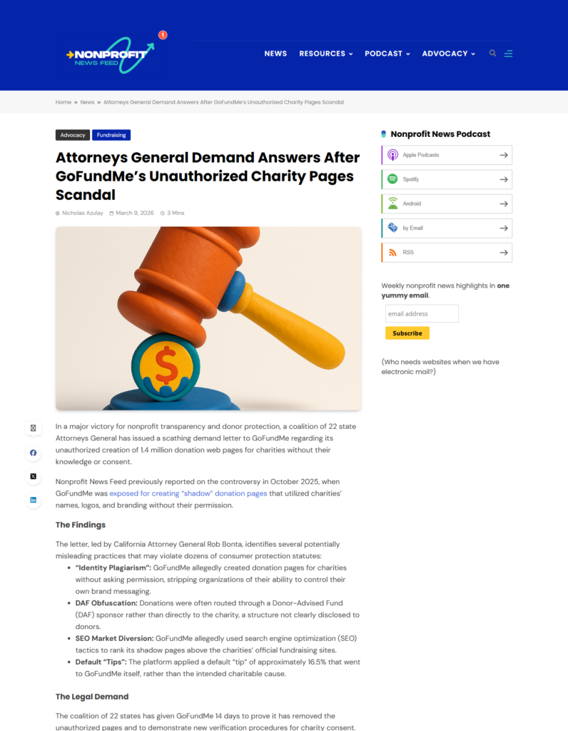 Screenshot of Nonprofit News Feed article on the 22 state Attorneys General letter to GoFundMe